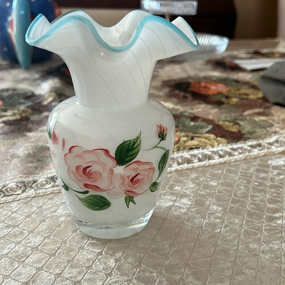 Fenton White Vase with Pink Roses and Green Leaves 6in